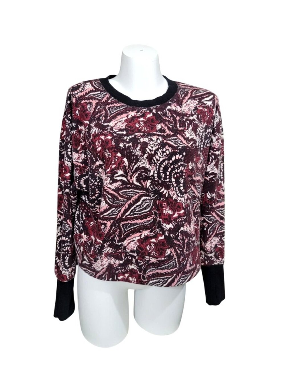 Joie Paisley Floral Print Sweatshirt Top Long Sleeve Ribbed Trim Pink Mauve L